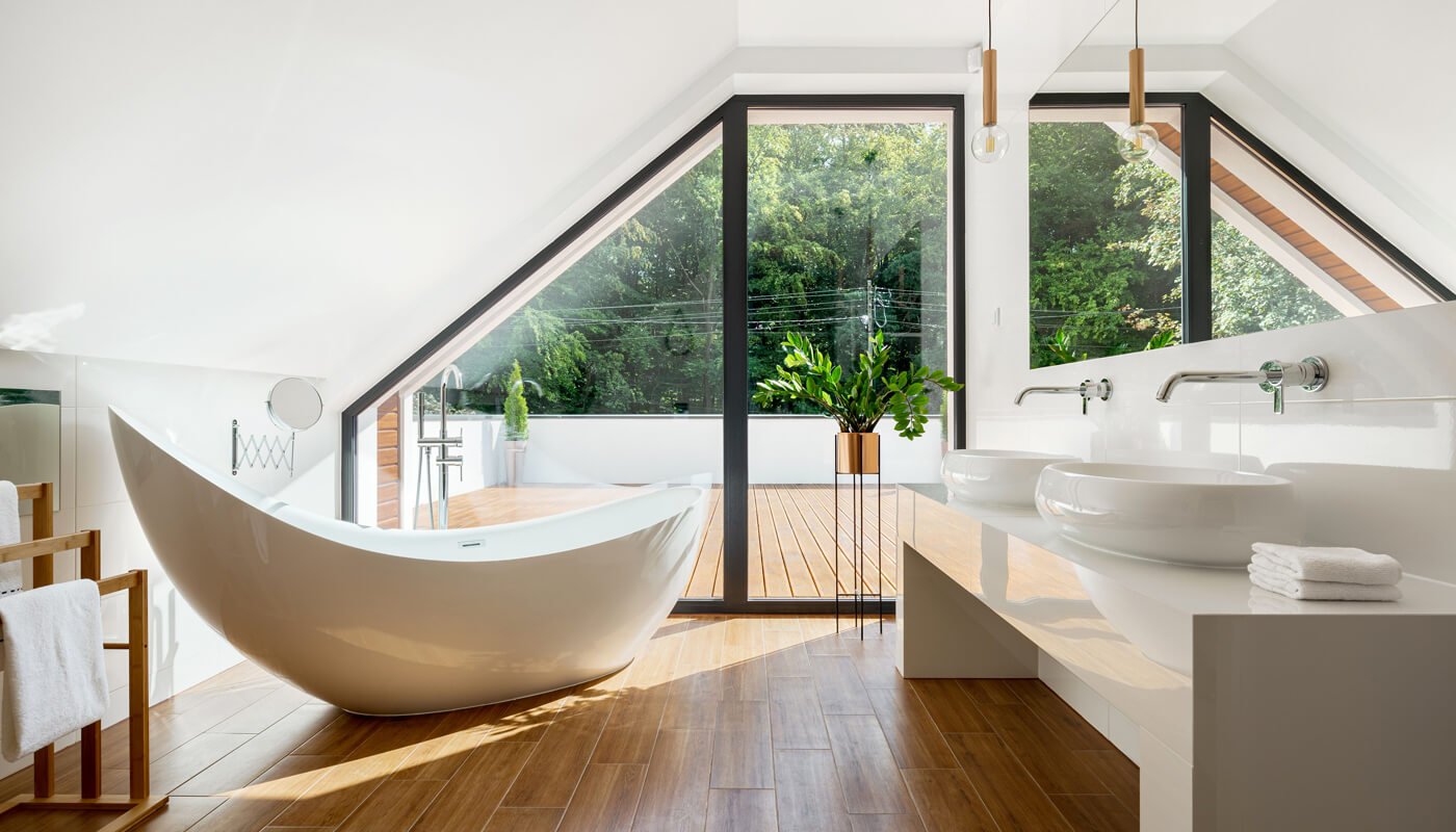 Luxury modern bathroom featuring wood-look tiles and sleek decor – inspiration from SA Tiles and Decor.