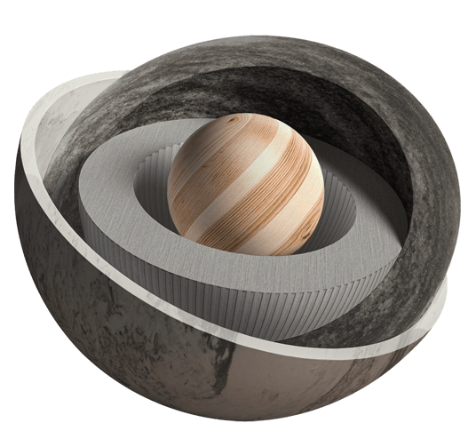 Artistic 3D tile concept featuring layered circular forms in stone, concrete, and wood textures – showcasing innovative tile design elements and material versatility.