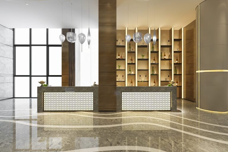 High-end interior showcasing a luxe blend of marble, wood, and metal with elegant spatial layout.