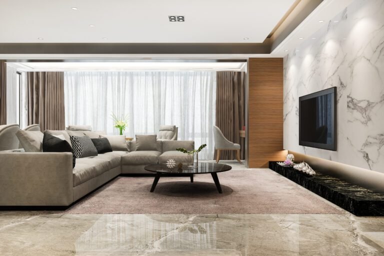 High-end living room with elegant marble textures, subtle wood accents, and modern furniture.