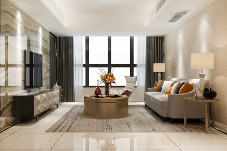 Modern Australian living room with marble feature wall, neutral tones, and stylish furniture.
